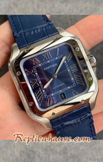 Cartier Santos De Blue Dial Leather-Strap Swiss V6 Replica Watch 02